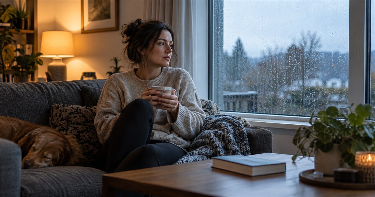 Adult sitting quietly beside a window on a gray day