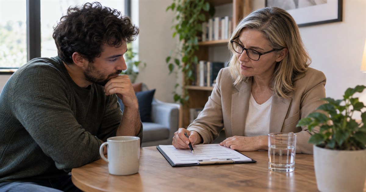 An adult and a psychologist seated at a small table reviewing an unbranded paper questionnaire together