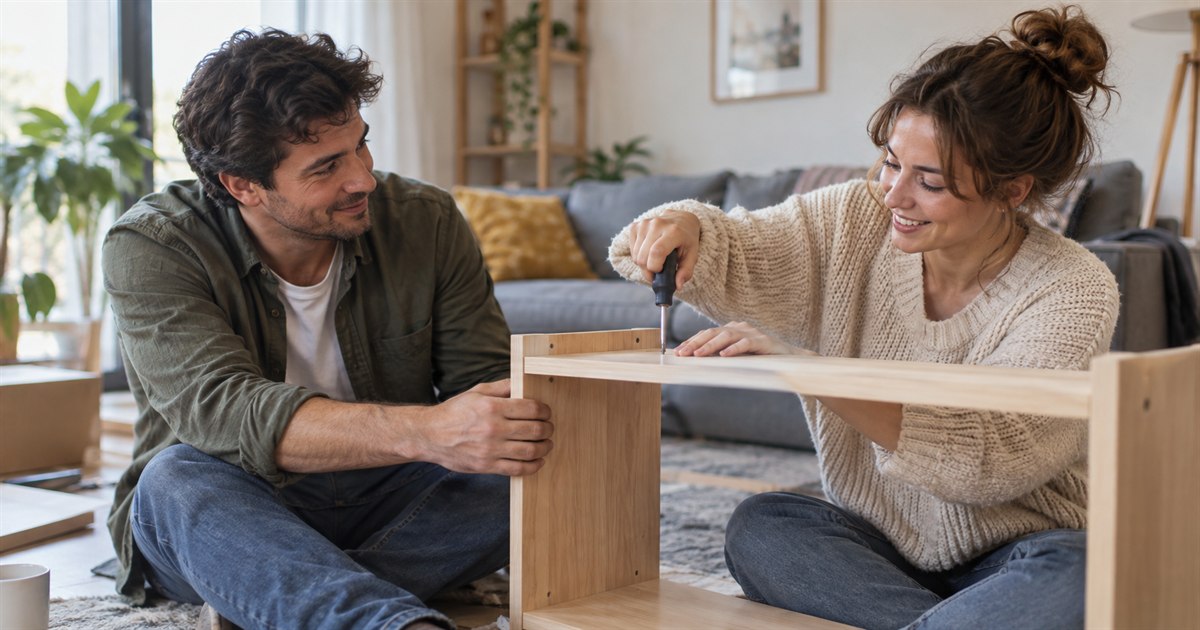 Two adults patiently assembling a simple wooden shelf together at home