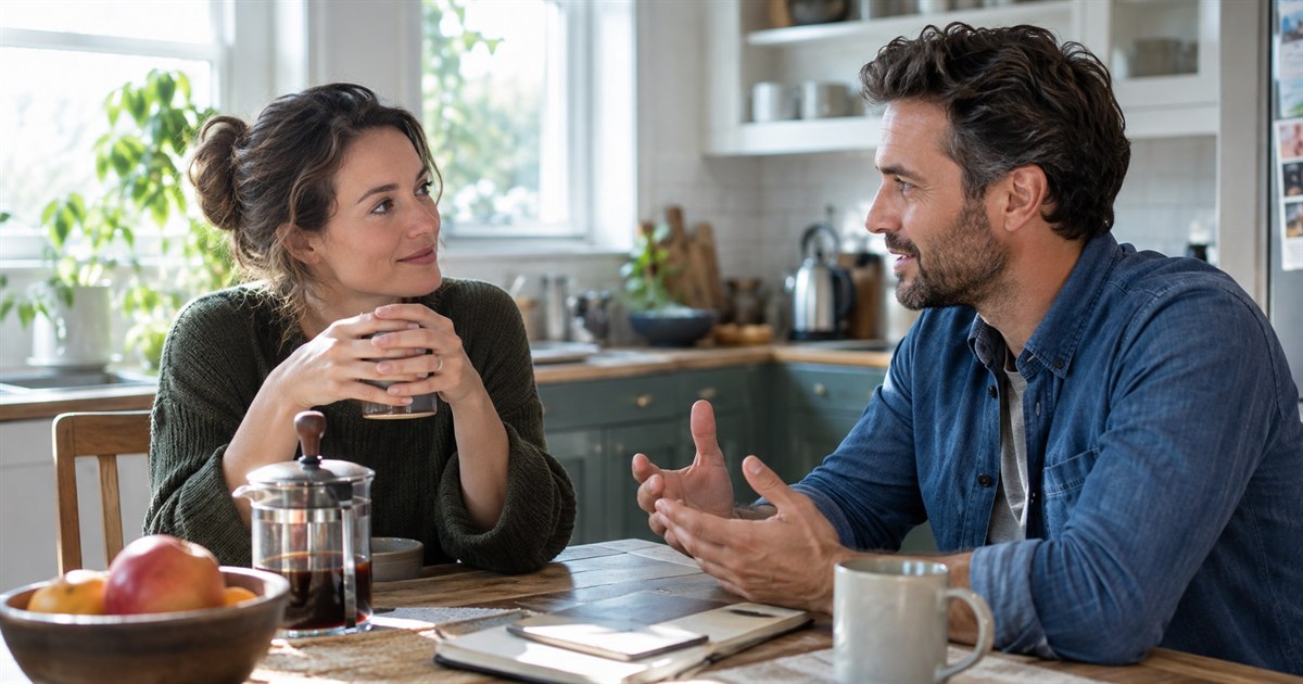A fully clothed adult couple sitting across a small kitchen table