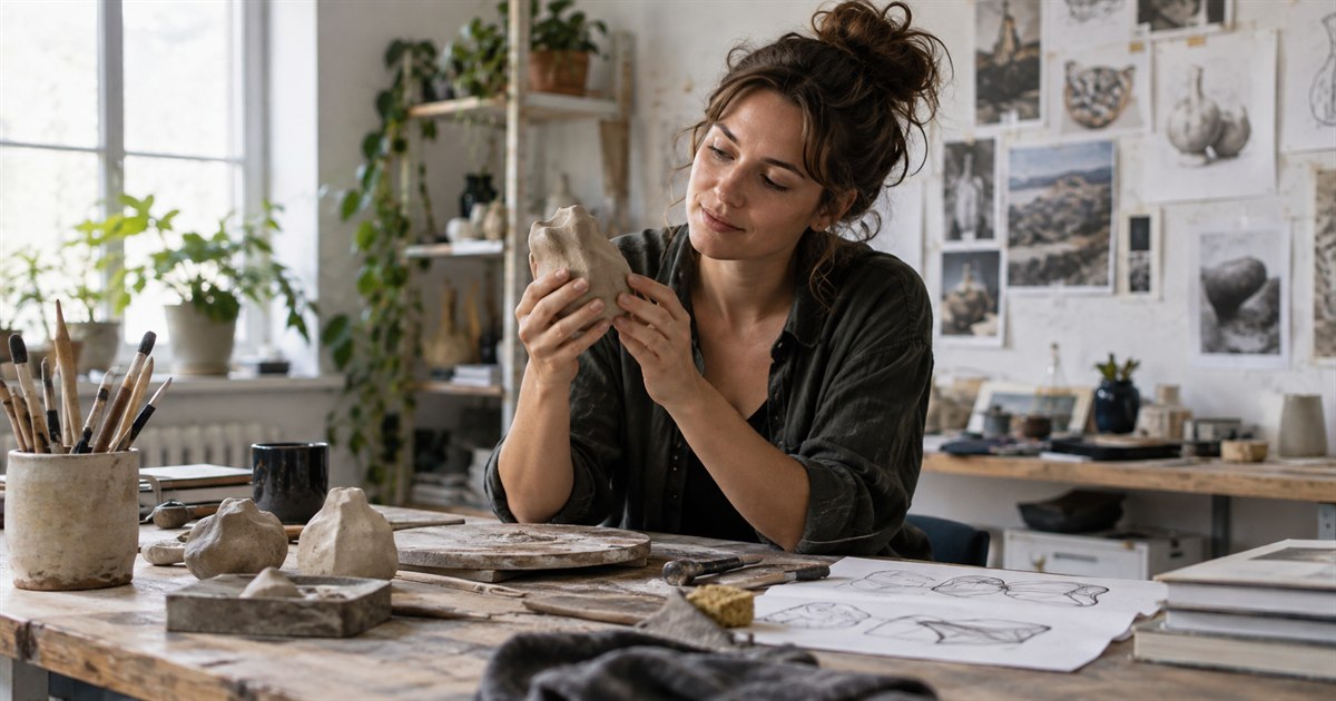 An adult designer experimenting with real clay forms and paper sketches in a bright modest studio