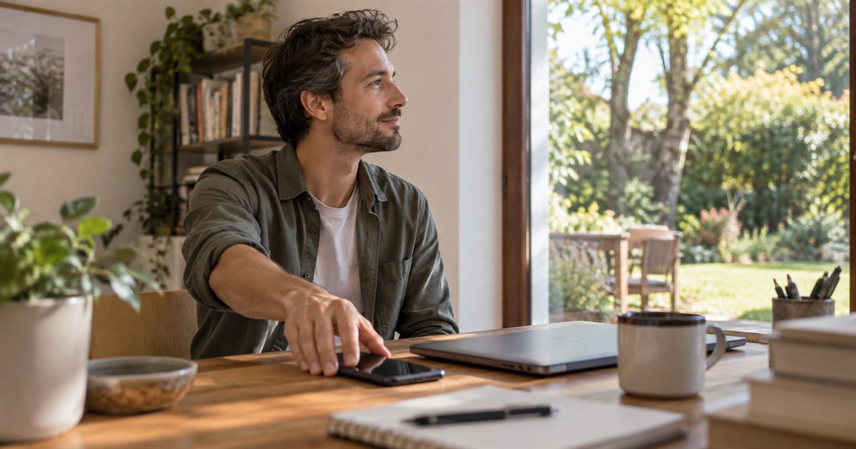 An adult at a home desk deliberately placing a smartphone face-down beside a closed laptop and looking toward a sunlit garden through the window