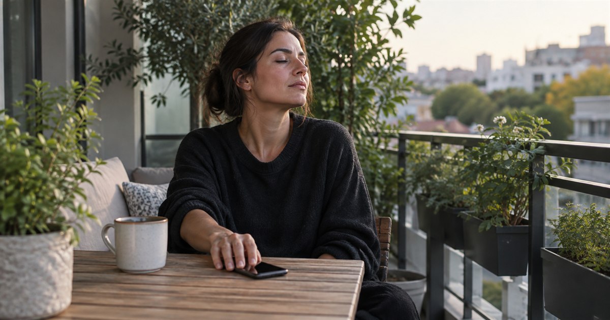 An adult pausing on a shaded balcony after a demanding day