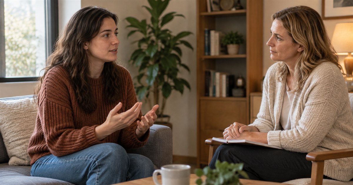 Two adults in a warm counseling office