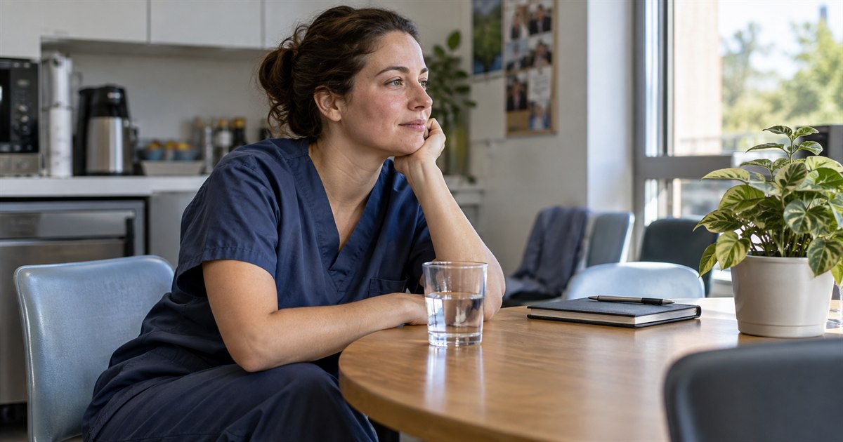 A healthcare worker in plain unbranded scrubs taking a quiet break in a sunny staff room