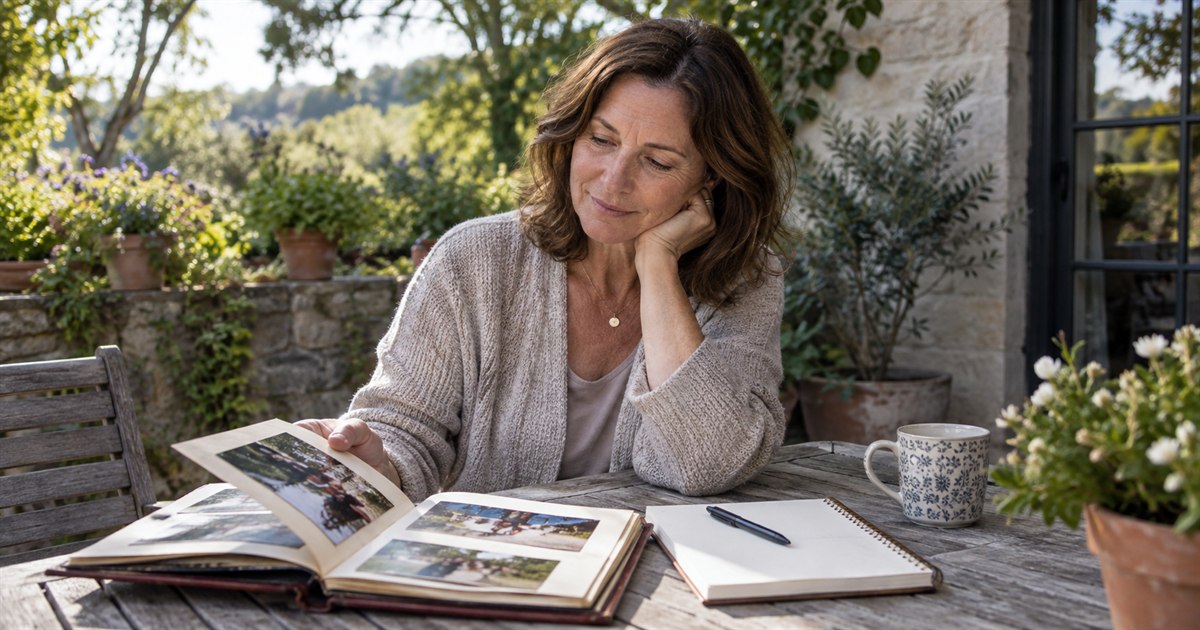 A middle-aged adult sitting on a garden terrace reviewing an old photo album beside a fresh blank notebook