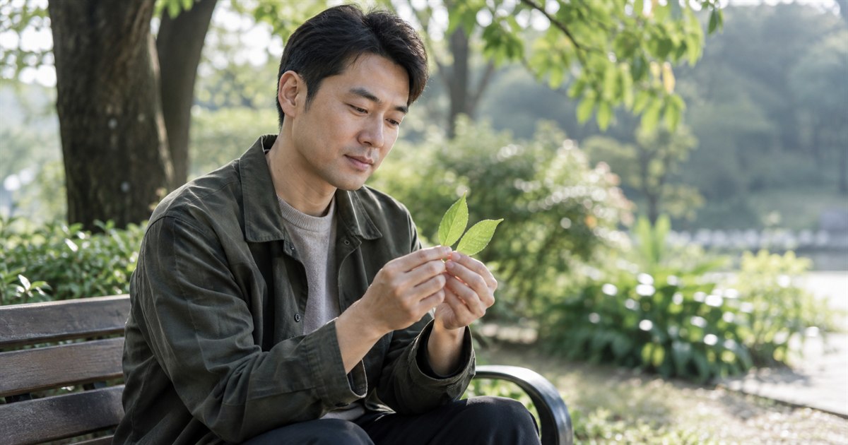An adult East Asian man sitting upright on a simple park bench