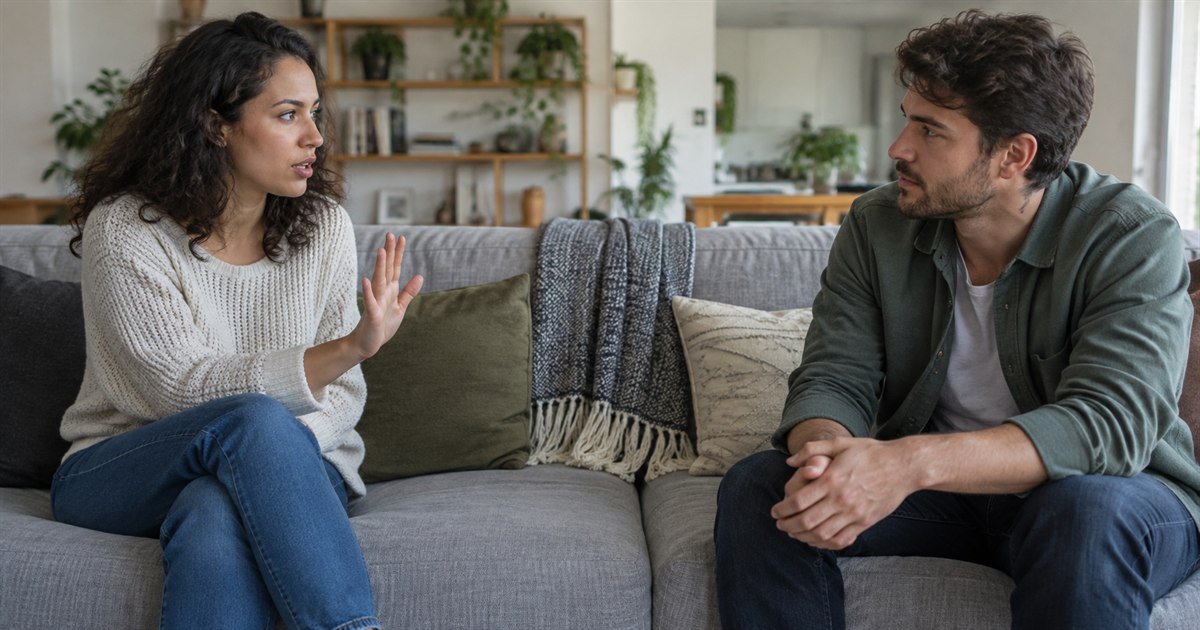 Two fully clothed adults seated at opposite ends of a comfortable sofa