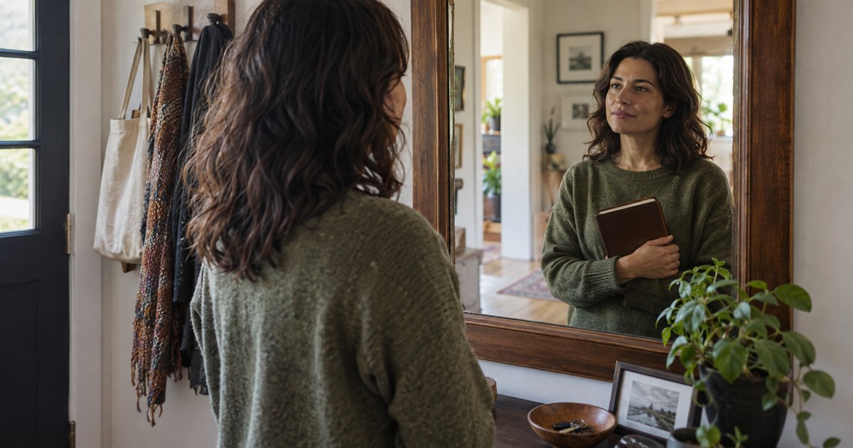 An adult woman thoughtfully observing her own natural face in a simple hallway mirror while holding a closed journal