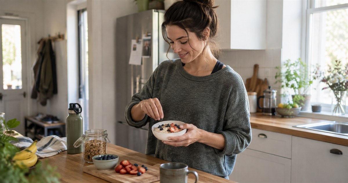 An adult preparing a simple nourishing breakfast after a morning walk