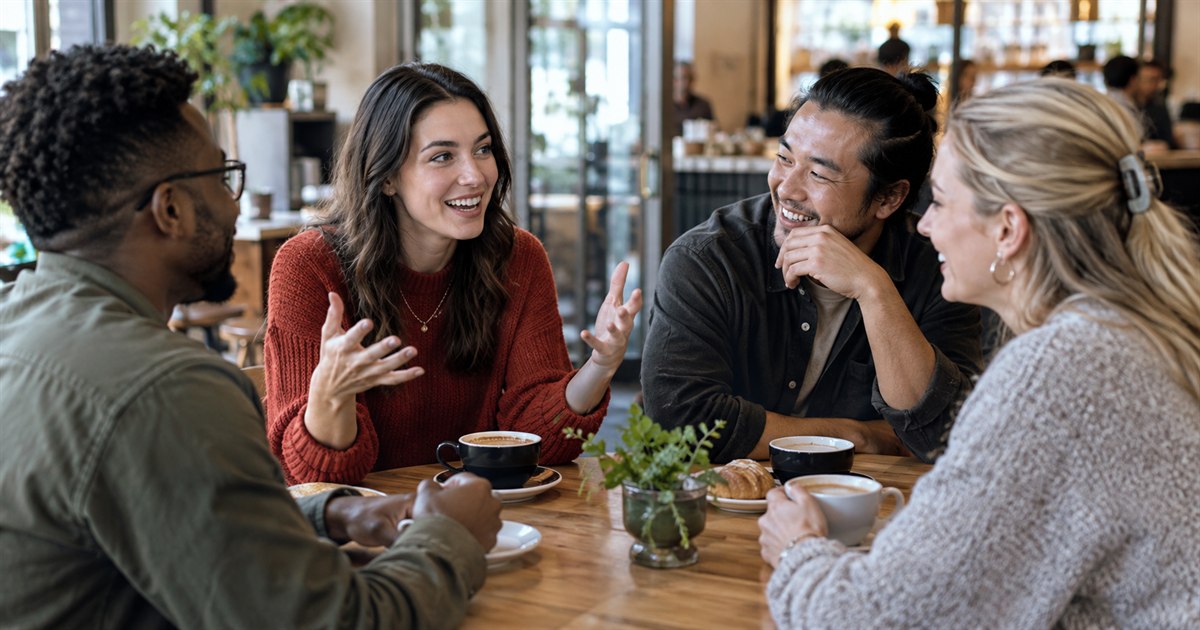 A small diverse group of adult friends enjoying a lively conversation around a café table