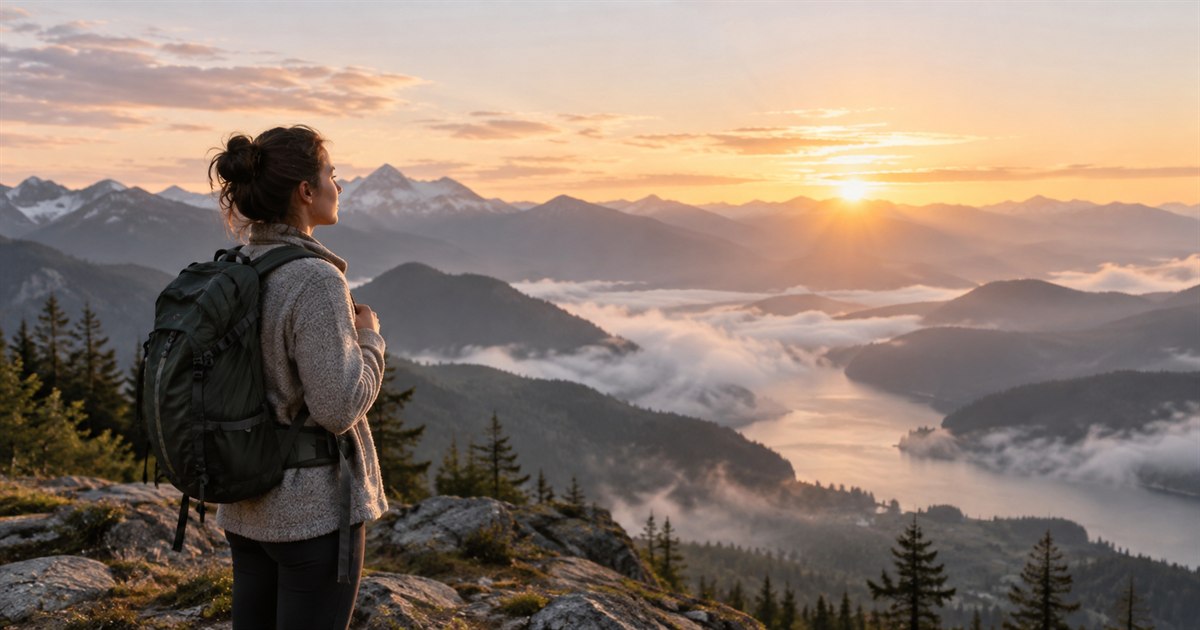 A lone adult seen in three-quarter profile looking up at a vast mountain valley at sunrise from a safe broad viewpoint